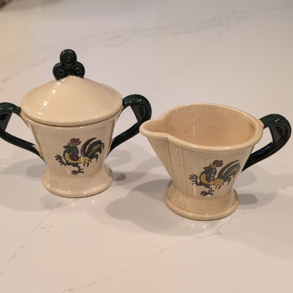 Poppytrail by Metlox Ceramic Rooster Sugar & Creamer Set Vintage MCM